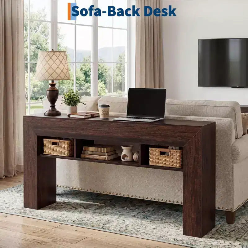 63 Slim Console Table with 3 Open Shelves, Rustic Narrow Sofa Table for Behind Couch, 3-Tier Long Entryway Table for Hallway, Wood Frame