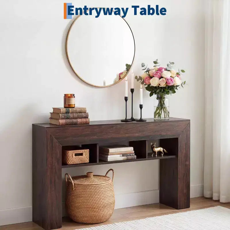 63 Slim Console Table with 3 Open Shelves, Rustic Narrow Sofa Table for Behind Couch, 3-Tier Long Entryway Table for Hallway, Wood Frame