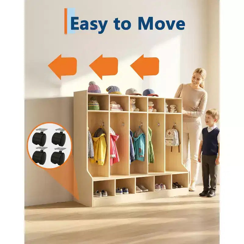 Kids Coat Locker with Bench & 10 Cubbies, Wooden Daycare Storage Organizer with 10 Hooks & 4 Hidden Casters for Classroom, Nursery, Home & School