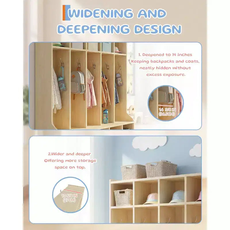 Kids Coat Locker with Bench & 10 Cubbies, Wooden Daycare Storage Organizer with 10 Hooks & 4 Hidden Casters for Classroom, Nursery, Home & School