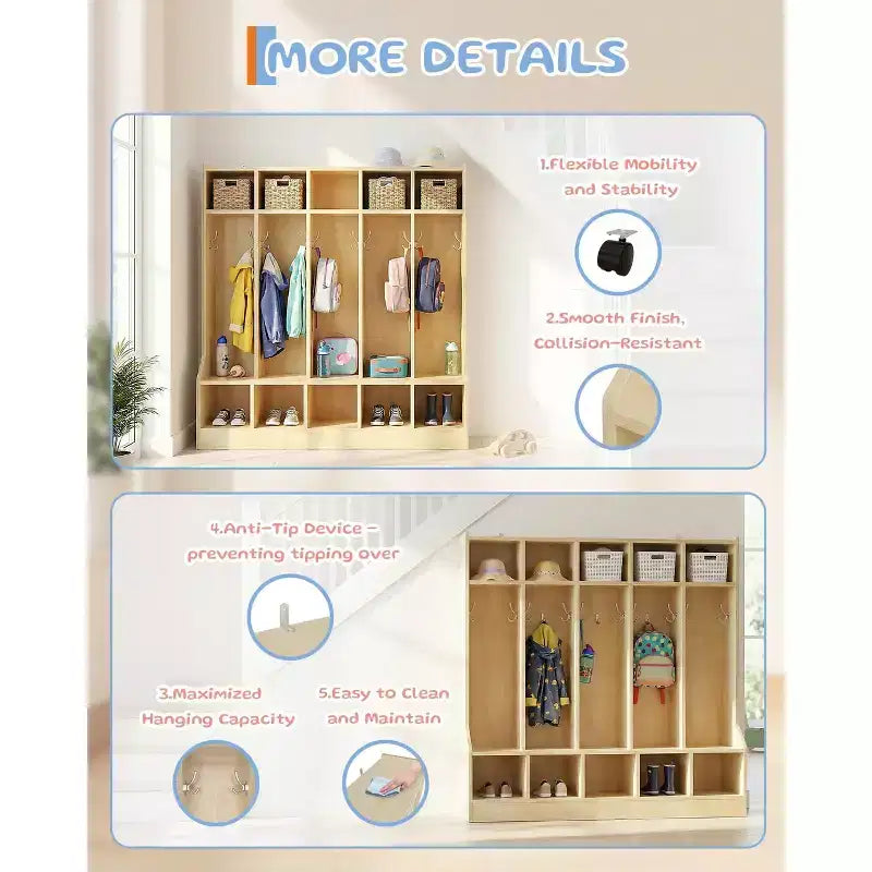 Kids Coat Locker with Bench & 10 Cubbies, Wooden Daycare Storage Organizer with 10 Hooks & 4 Hidden Casters for Classroom, Nursery, Home & School