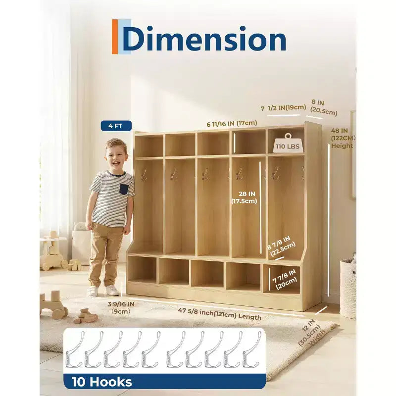 Kids Coat Locker with Bench & 10 Cubbies, Wooden Daycare Storage Organizer with 10 Hooks & 4 Hidden Casters for Classroom, Nursery, Home & School