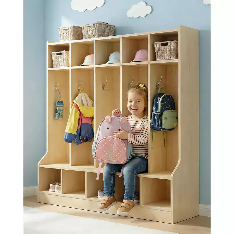 Kids Coat Locker with Bench & 10 Cubbies, Wooden Daycare Storage Organizer with 10 Hooks & 4 Hidden Casters for Classroom, Nursery, Home & School