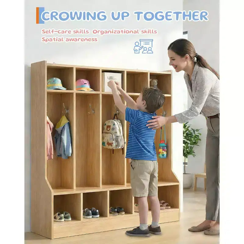 Kids Coat Locker with Bench & 10 Cubbies, Wooden Daycare Storage Organizer with 10 Hooks & 4 Hidden Casters for Classroom, Nursery, Home & School