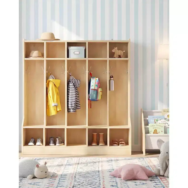 Kids Coat Locker with Bench & 10 Cubbies, Wooden Daycare Storage Organizer with 10 Hooks & 4 Hidden Casters for Classroom, Nursery, Home & School