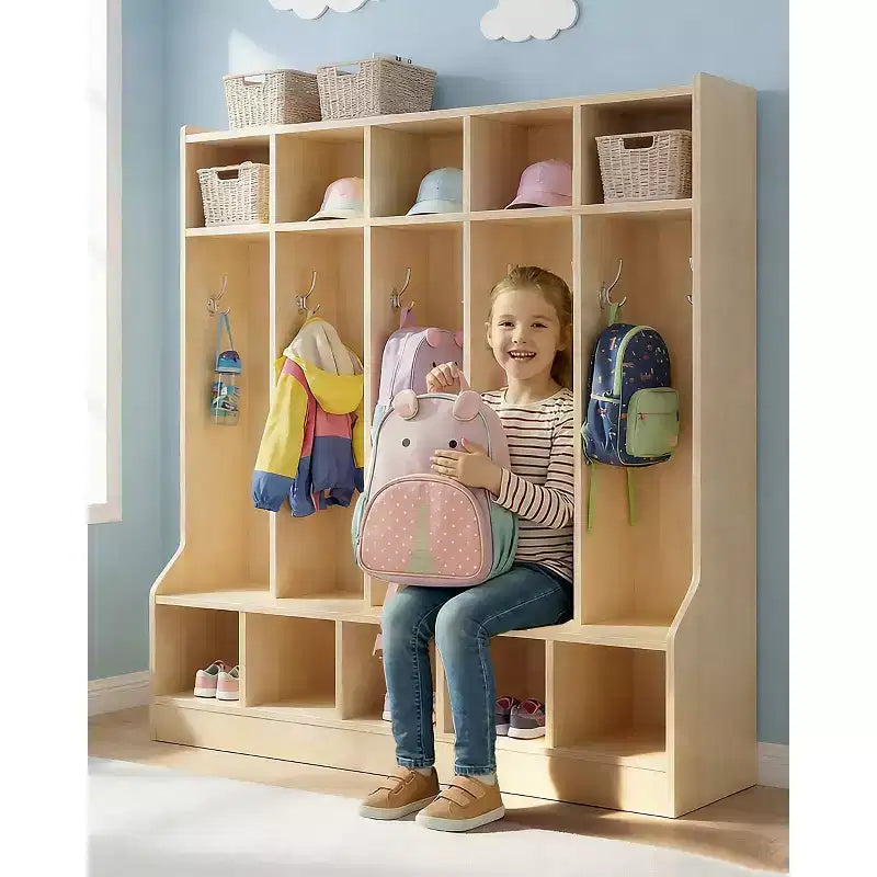 Kids Coat Locker with Bench & 10 Cubbies, Wooden Daycare Storage Organizer with 10 Hooks & 4 Hidden Casters for Classroom, Nursery, Home & School