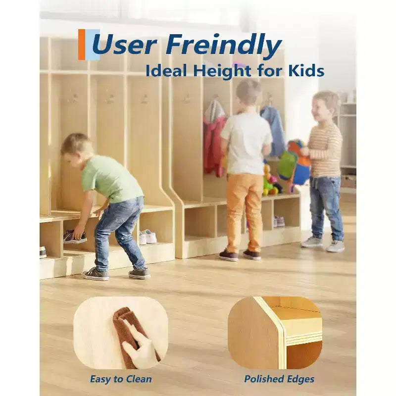 Kids Coat Locker with Bench & 10 Cubbies, Wooden Daycare Storage Organizer with 10 Hooks & 4 Hidden Casters for Classroom, Nursery, Home & School