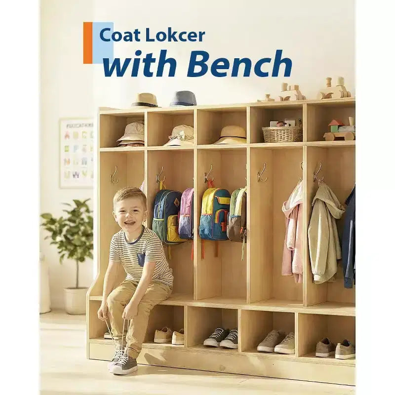 Kids Coat Locker with Bench & 10 Cubbies, Wooden Daycare Storage Organizer with 10 Hooks & 4 Hidden Casters for Classroom, Nursery, Home & School