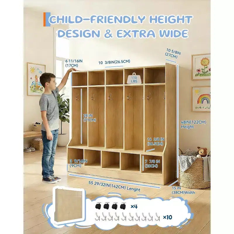 Kids Coat Locker with Bench & 10 Cubbies, Wooden Daycare Storage Organizer with 10 Hooks & 4 Hidden Casters for Classroom, Nursery, Home & School