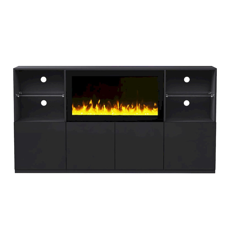 TV Stand with 34.2 Non-heating Electric Fireplace,Entertainment Center with LED Light,Tempered Glass Shelves for TVs up to 75