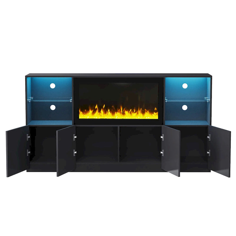 TV Stand with 34.2 Non-heating Electric Fireplace,Entertainment Center with LED Light,Tempered Glass Shelves for TVs up to 75