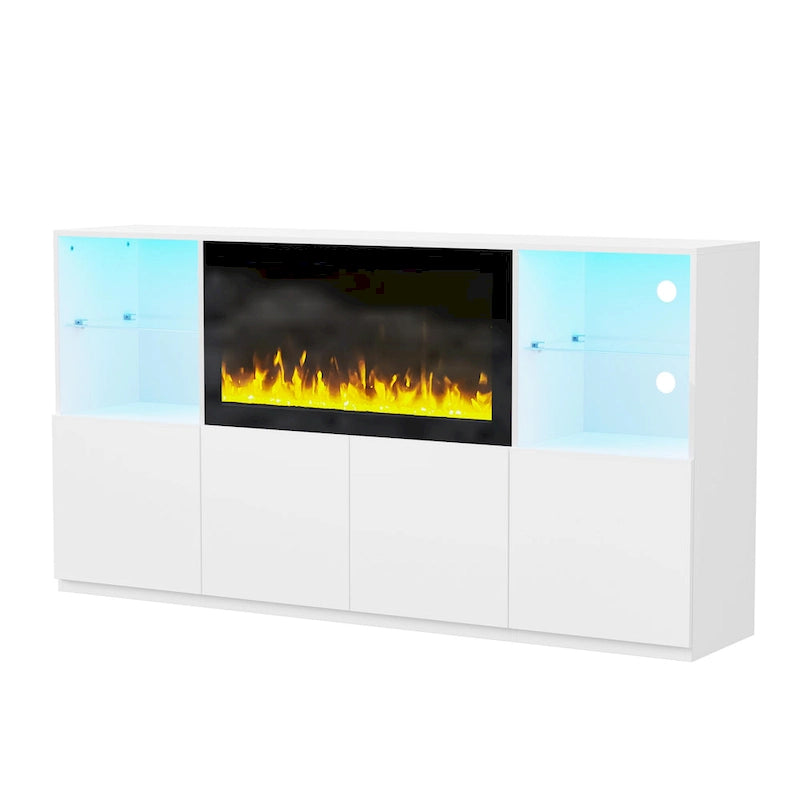 TV Stand with 34.2 Non-heating Electric Fireplace,Entertainment Center with LED Light,Tempered Glass Shelves for TVs up to 75
