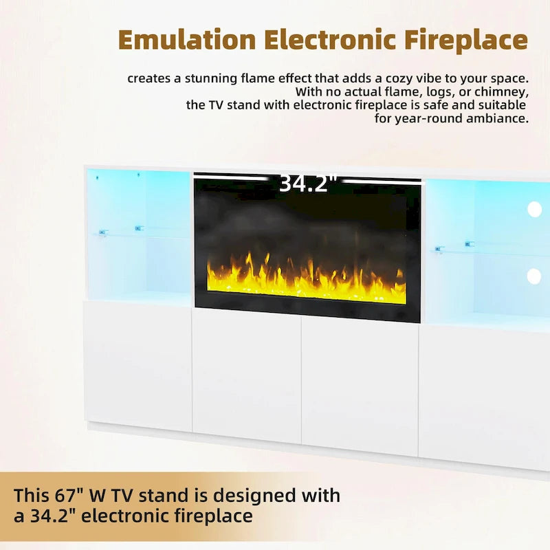 TV Stand with 34.2 Non-heating Electric Fireplace,Entertainment Center with LED Light,Tempered Glass Shelves for TVs up to 75