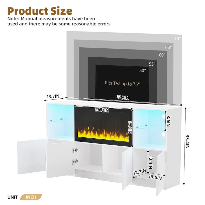 TV Stand with 34.2 Non-heating Electric Fireplace,Entertainment Center with LED Light,Tempered Glass Shelves for TVs up to 75