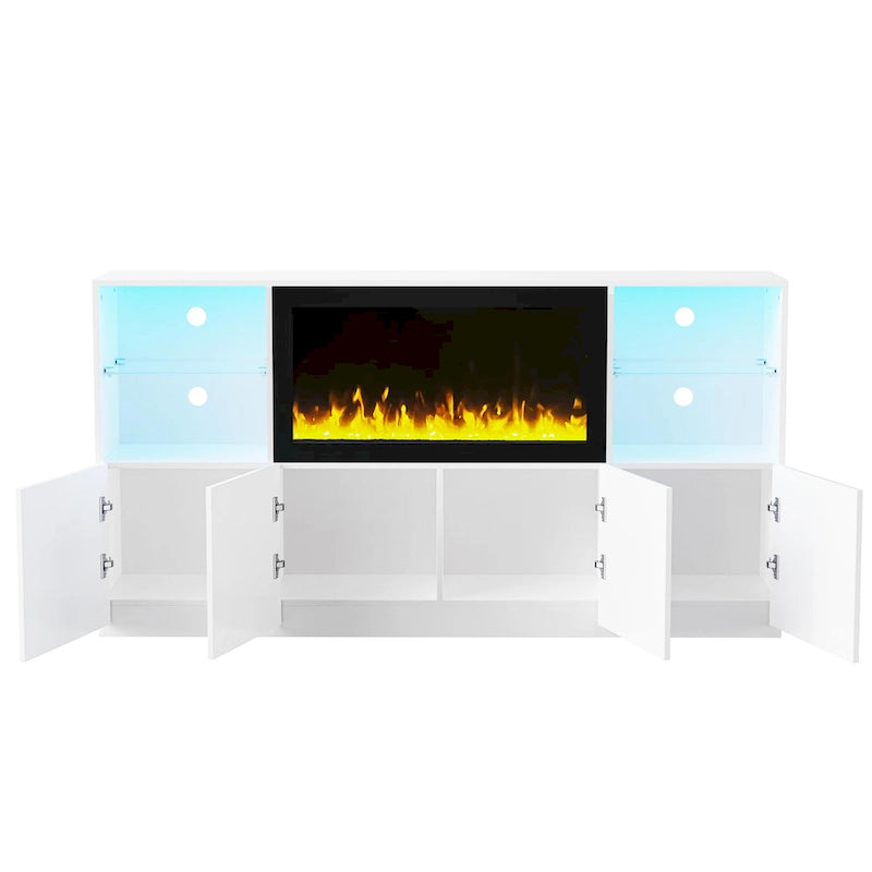 TV Stand with 34.2 Non-heating Electric Fireplace,Entertainment Center with LED Light,Tempered Glass Shelves for TVs up to 75