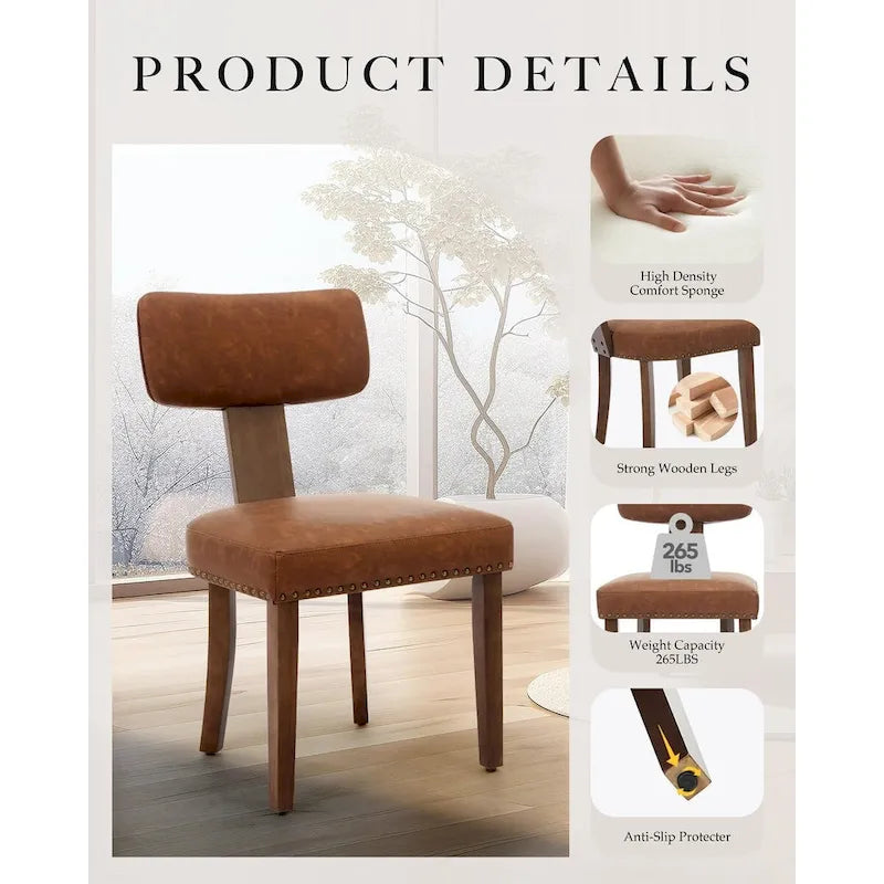 Modern Leather Dining Chairs Set of 2  Upholstered Curved Backrest, Hardwood Frame & Nailhead Trim, 265lb Capacity