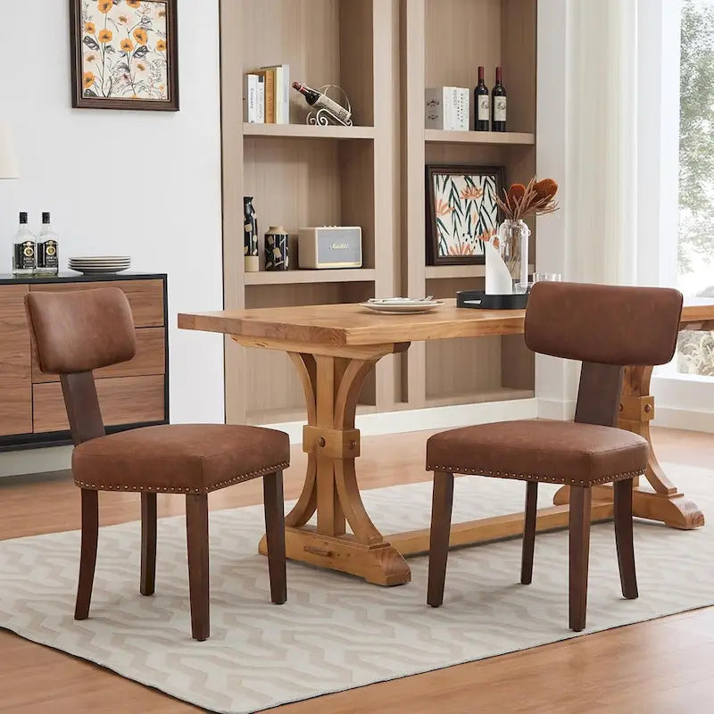 Modern Leather Dining Chairs Set of 2  Upholstered Curved Backrest, Hardwood Frame & Nailhead Trim, 265lb Capacity