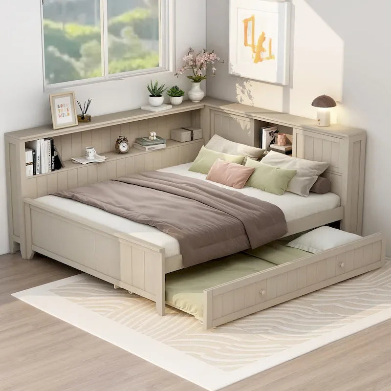 Full Size Wood Daybed with Trundle & Storage Shelves - Convertible Sleeper Sofa Alternative - Great for Small Spaces