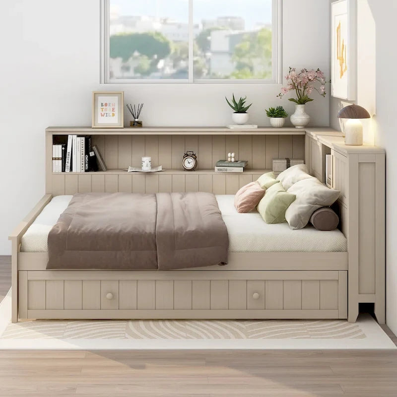 Full Size Wood Daybed with Trundle & Storage Shelves - Convertible Sleeper Sofa Alternative - Great for Small Spaces