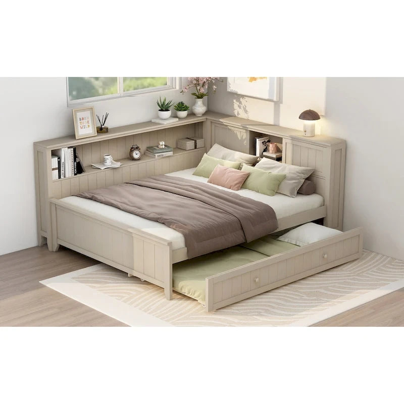 Full Size Wood Daybed with Trundle & Storage Shelves - Convertible Sleeper Sofa Alternative - Great for Small Spaces