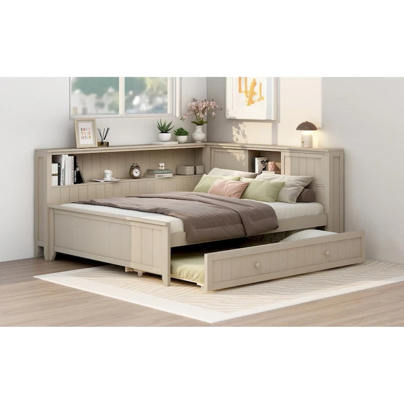 Full Size Wood Daybed with Trundle & Storage Shelves - Convertible Sleeper Sofa Alternative - Great for Small Spaces