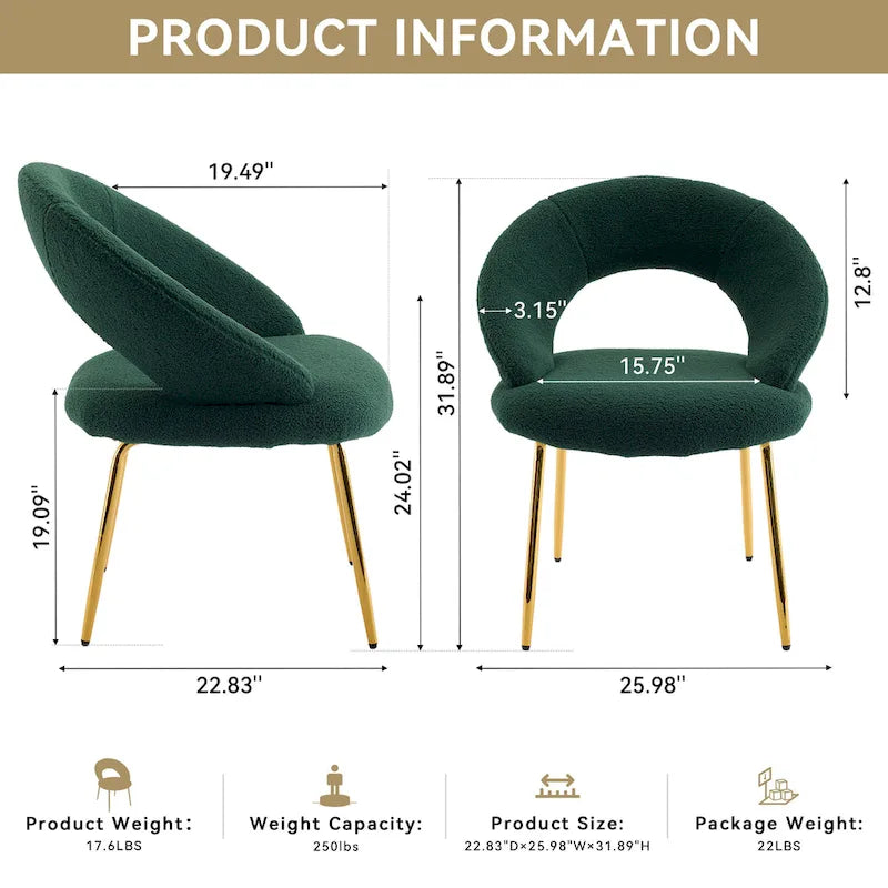 Set of 1 Dining Chairs With Curved Backrest and Golden Metal Legs