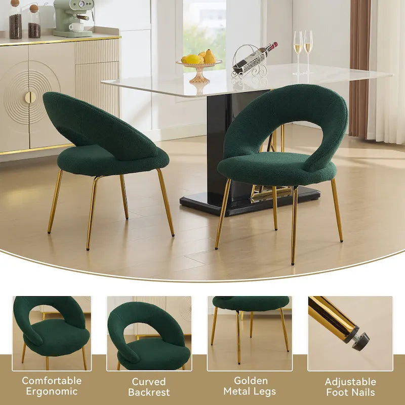 Set of 1 Dining Chairs With Curved Backrest and Golden Metal Legs