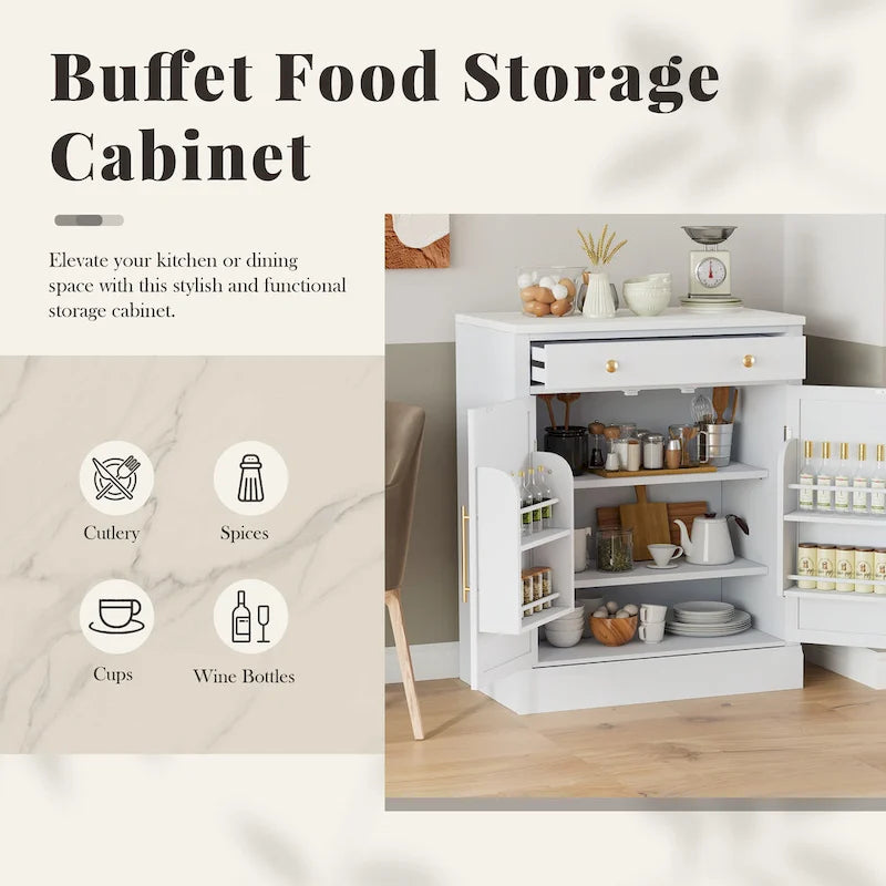 Modern Freestanding Kitchen Pantry,Buffet Food Storage, Coffee Bar Cabinet with Drawer, 2 Adjustable Shelves and 2 Door Shelves
