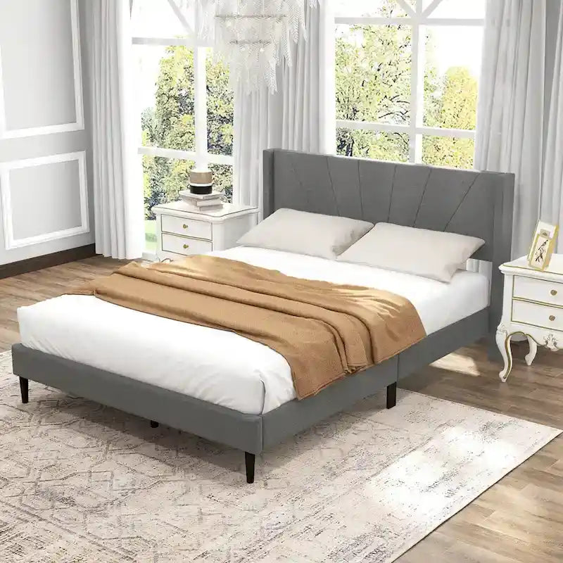 Costway Queen/Twin Bed Frame Modern Platform Bed with Linen