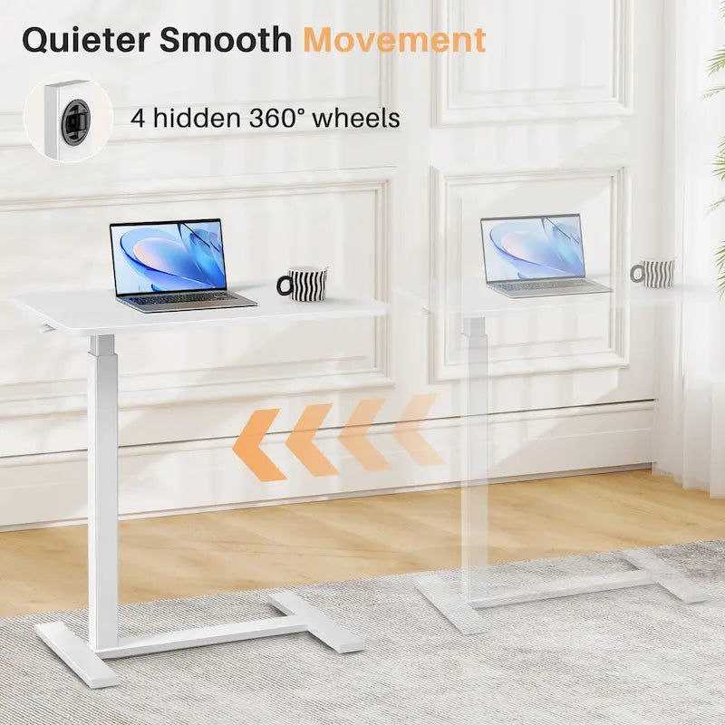 27.56 in. White Laptop Desk with Wheels, Adjustable Height Overbed Bedside Table Mobile Standing Desk