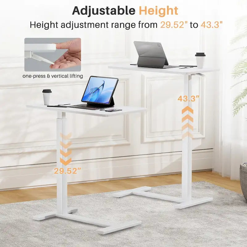 27.56 in. White Laptop Desk with Wheels, Adjustable Height Overbed Bedside Table Mobile Standing Desk