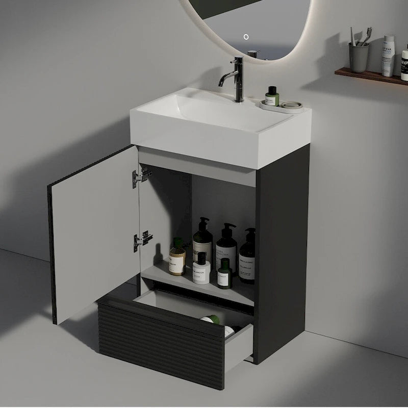 Single Sink Bathroom Vanity, Modern Grille-patterned Freestanding Vanity With Hidden Handle, Wood Bathroom Cabinet