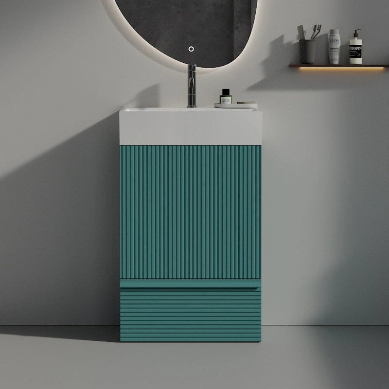 Single Sink Bathroom Vanity, Modern Grille-patterned Freestanding Vanity With Hidden Handle, Wood Bathroom Cabinet