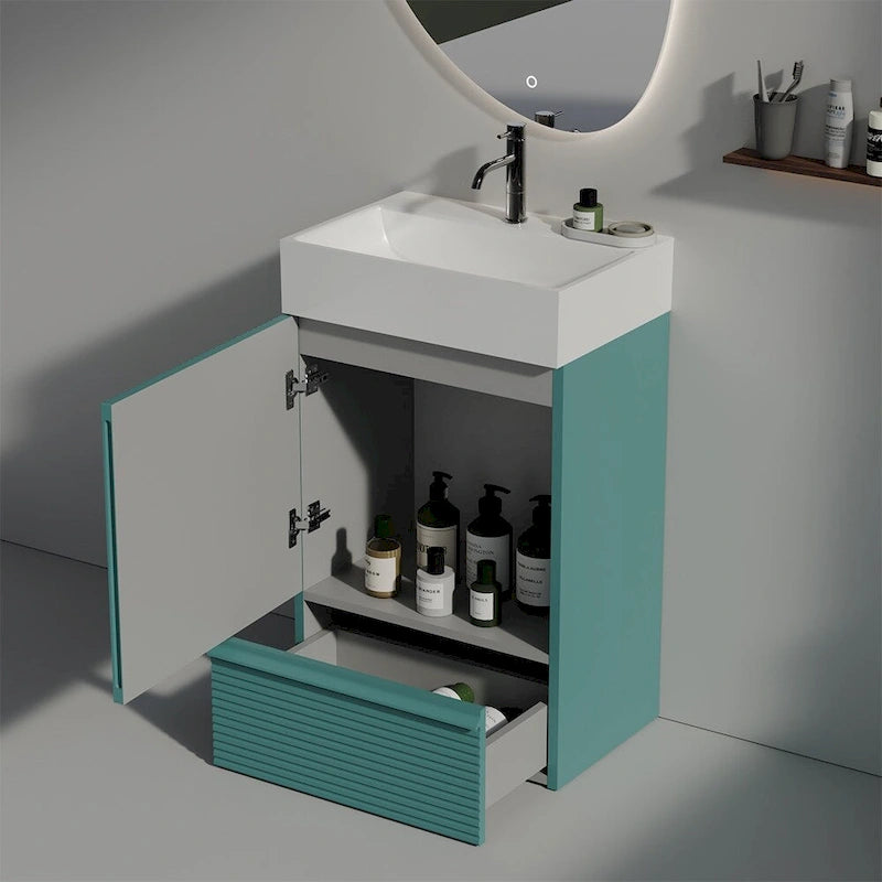 Single Sink Bathroom Vanity, Modern Grille-patterned Freestanding Vanity With Hidden Handle, Wood Bathroom Cabinet