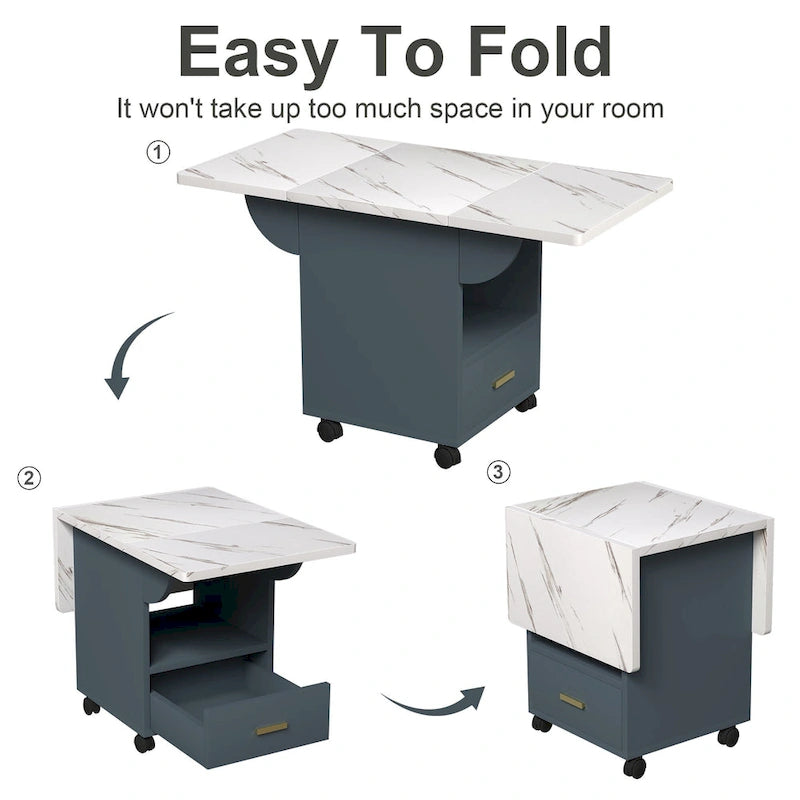 39.4 Foldable Solid Wood Dining Table with 4 Wheels and Drawer