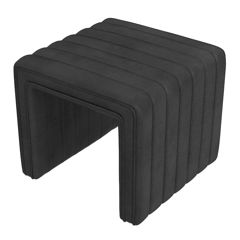 Ada Footstool Ottoman, Channel Tufted Black Faux Leather, 19 Inch