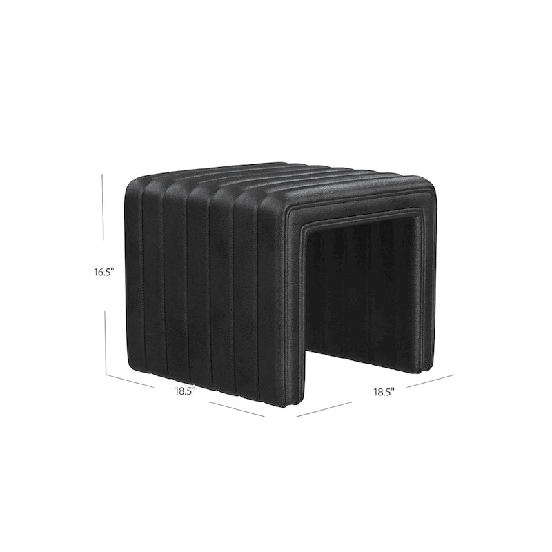 Ada Footstool Ottoman, Channel Tufted Black Faux Leather, 19 Inch