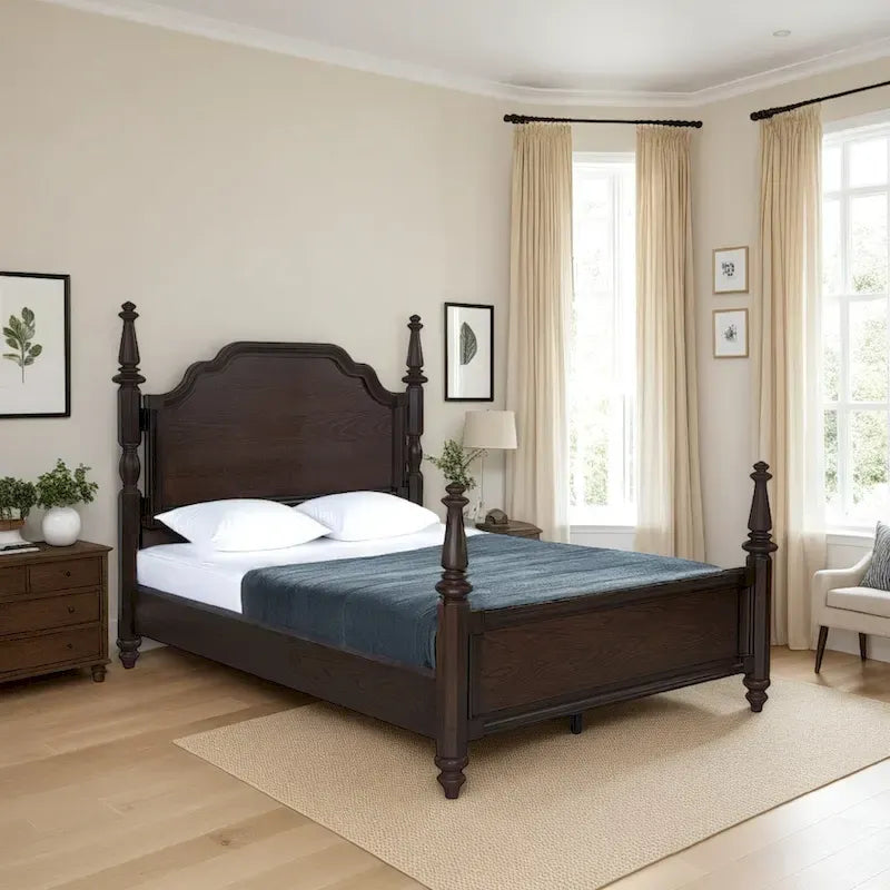 Meon King Poster Bed, Carved Headboard, Dark Oak Brown Wood