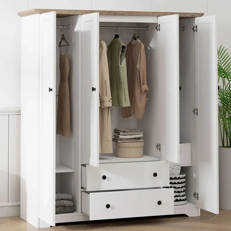 Four-Door Wardrobe Armoire With Two Drawers - 60.6L x 20.8W x 68.5H