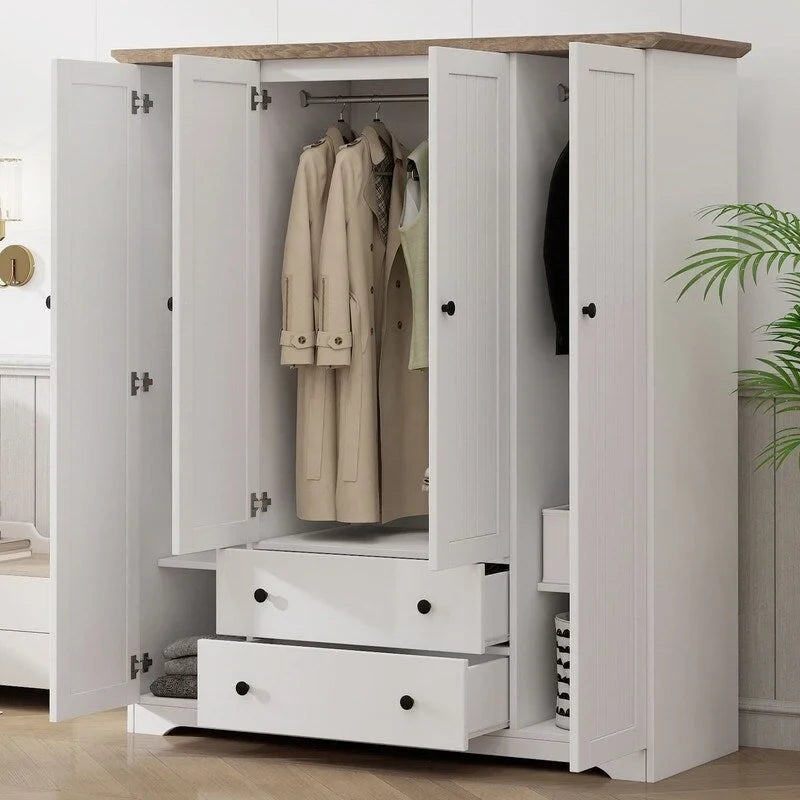 Four-Door Wardrobe Armoire With Two Drawers - 60.6L x 20.8W x 68.5H
