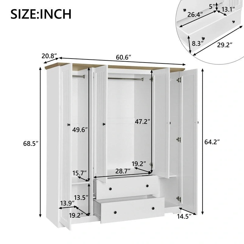 Four-Door Wardrobe Armoire With Two Drawers - 60.6L x 20.8W x 68.5H