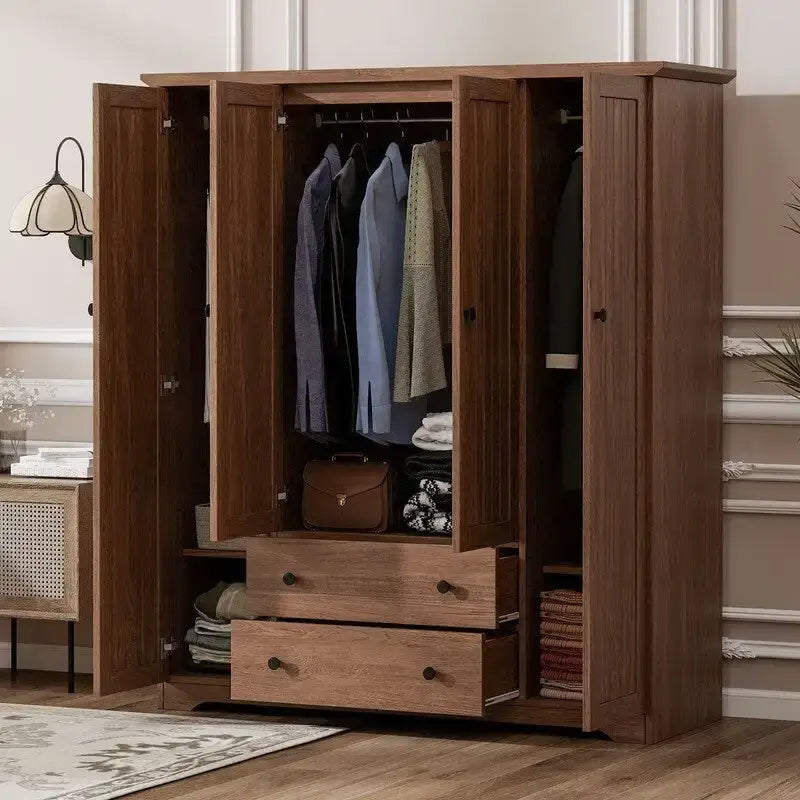 Four-Door Wardrobe Armoire With Two Drawers - 60.6L x 20.8W x 68.5H