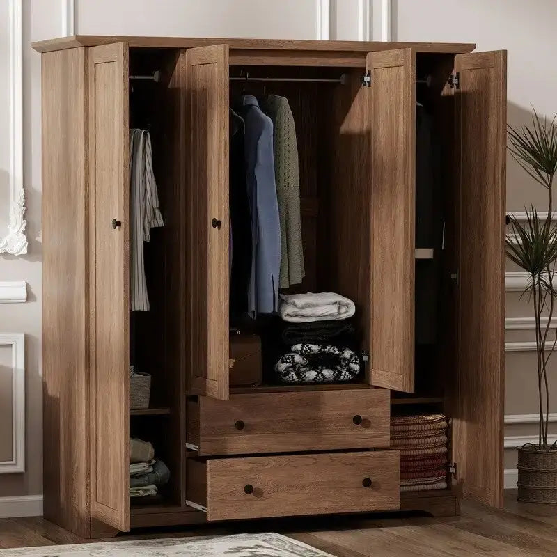Four-Door Wardrobe Armoire With Two Drawers - 60.6L x 20.8W x 68.5H