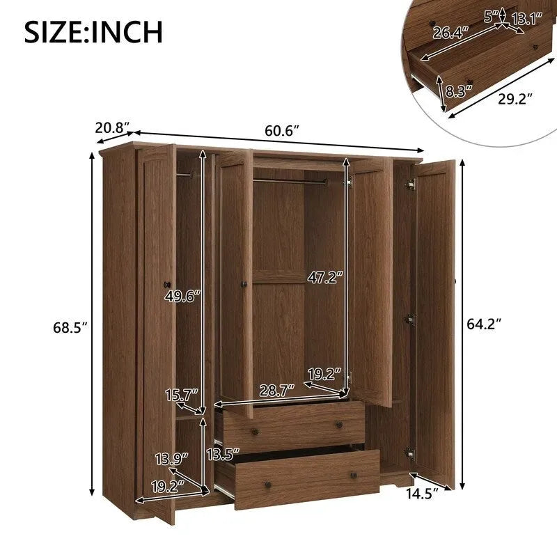 Four-Door Wardrobe Armoire With Two Drawers - 60.6L x 20.8W x 68.5H