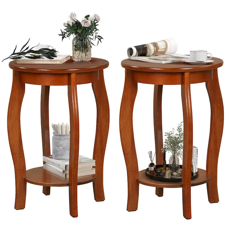 Gymax 2-Tier Round End Table Set of 2 Narrow Sofa Side Nightstand w/