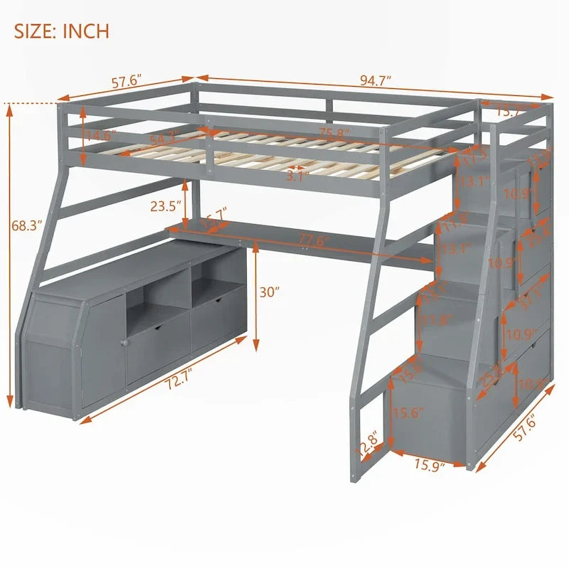 Full Size Loft Bed with Drawers and Desk