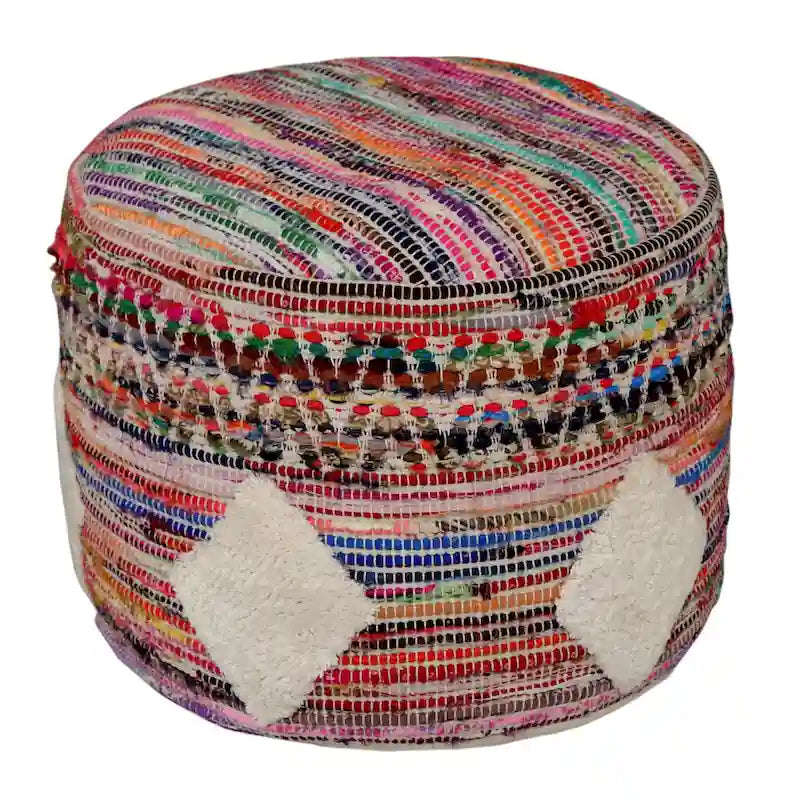 18 Inch Rainbow Cylinder Pouf Ottoman Geometric Design for Living Room