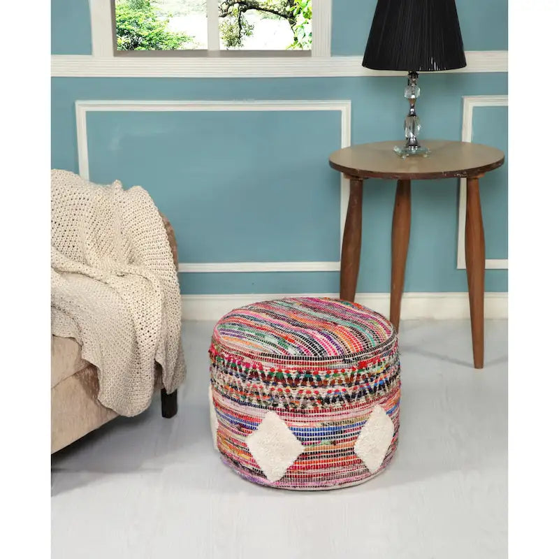 18 Inch Rainbow Cylinder Pouf Ottoman Geometric Design for Living Room