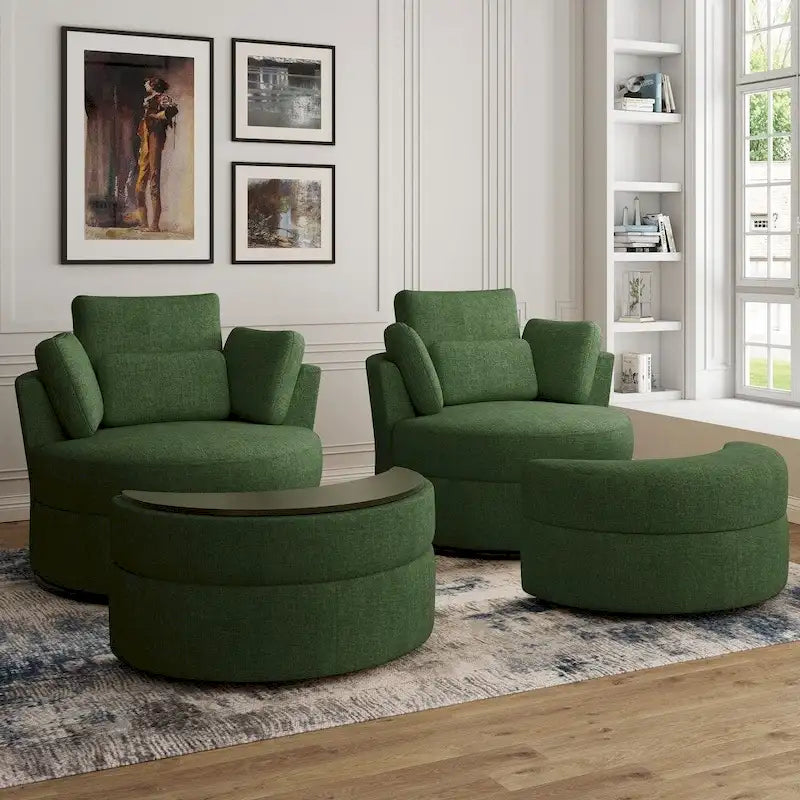 Upholstered Swivel Barrel Armchair with Storage Ottoman (Set of 2)