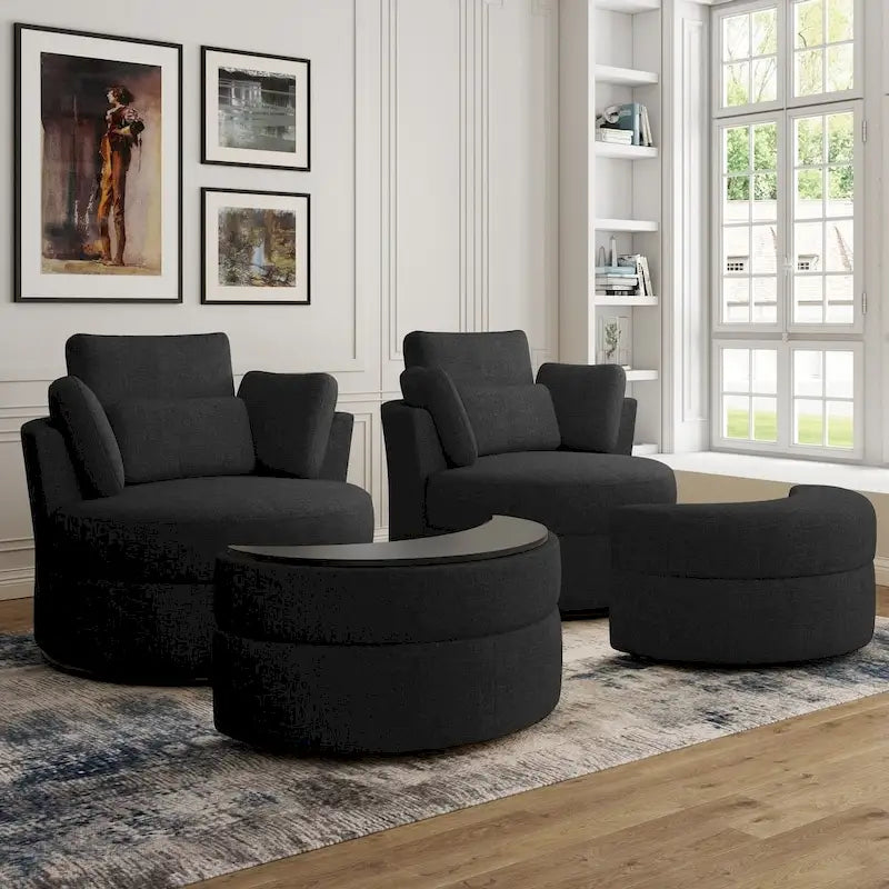 Upholstered Swivel Barrel Armchair with Storage Ottoman (Set of 2)